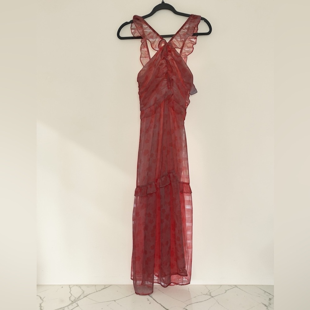 Grace Karin Pink Sheer Ruffle Halter Maxi Dress